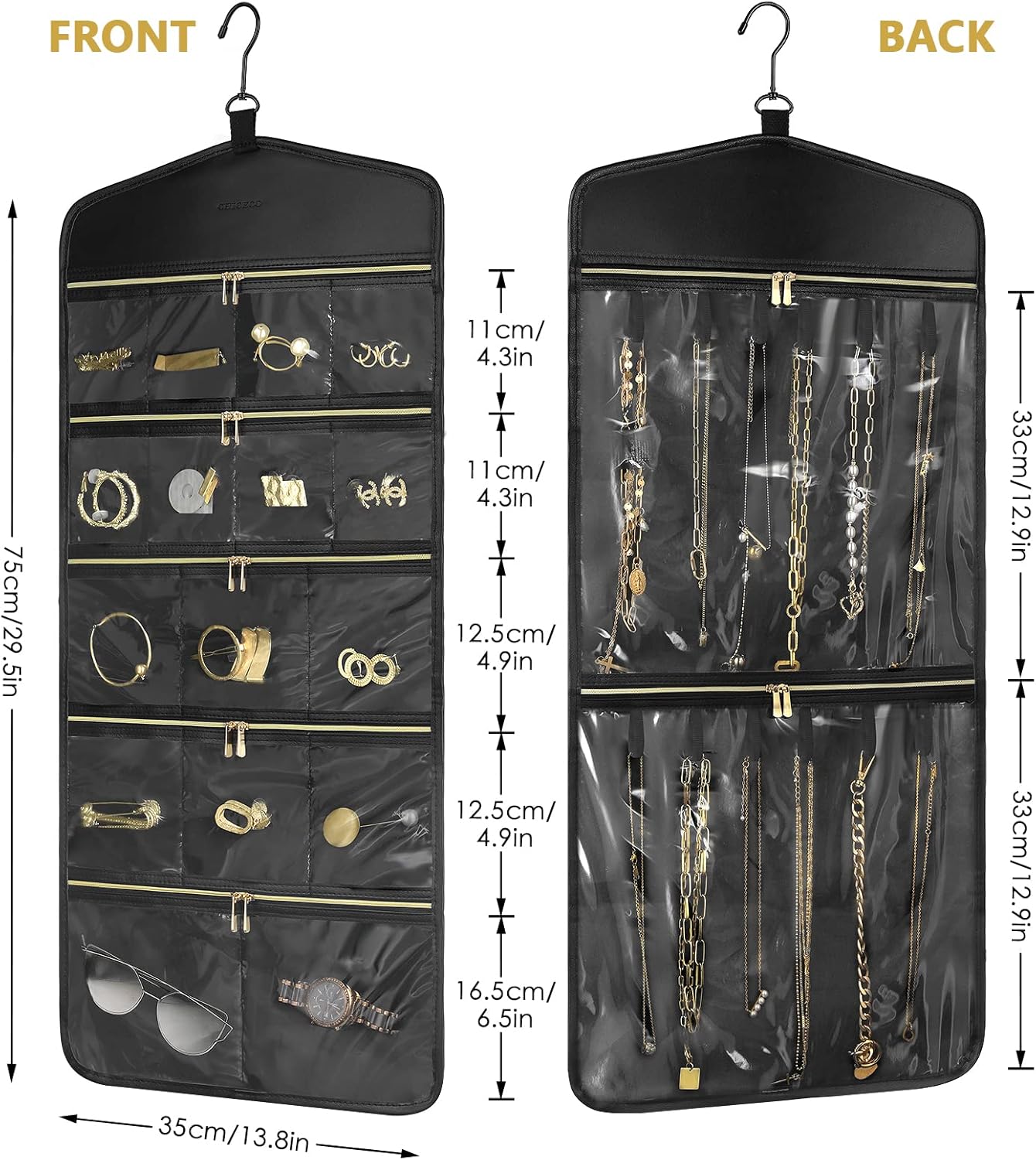 CHICECO Travel Jewelry Holder Organizer,Hanging Jewelry Organizer Storage with Zippered Pockets for Cloest,Jewelry Holder for Earrings, Necklaces（Black）