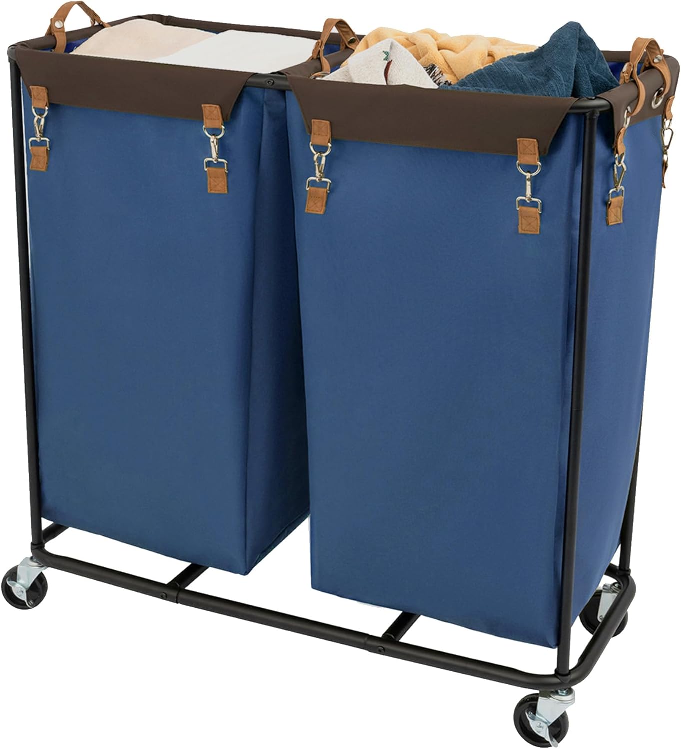 StorageWorks 390L Extra Large Lanudry Hamper with Wheels, Laundry Basket with Wheels 2 Sections, Clothes Sorter Cart with Divider for Hotel, Home, Blue, 1-Pack