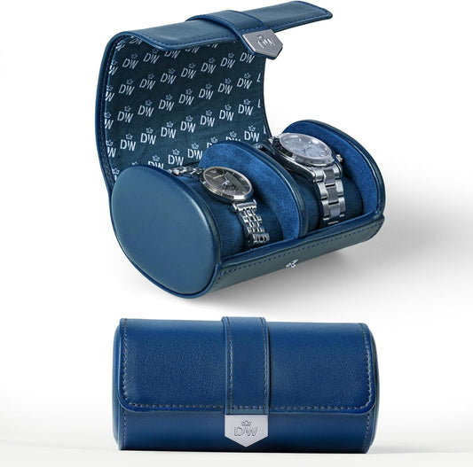 DUKWIN Watch Roll for 2 Watches,Vegan Leather Travel Watch Case Organizer with Removable Pillows for Men and Women,Display Case for Watches Collection and Gift for Anniversary Birthday(Blue Storage)