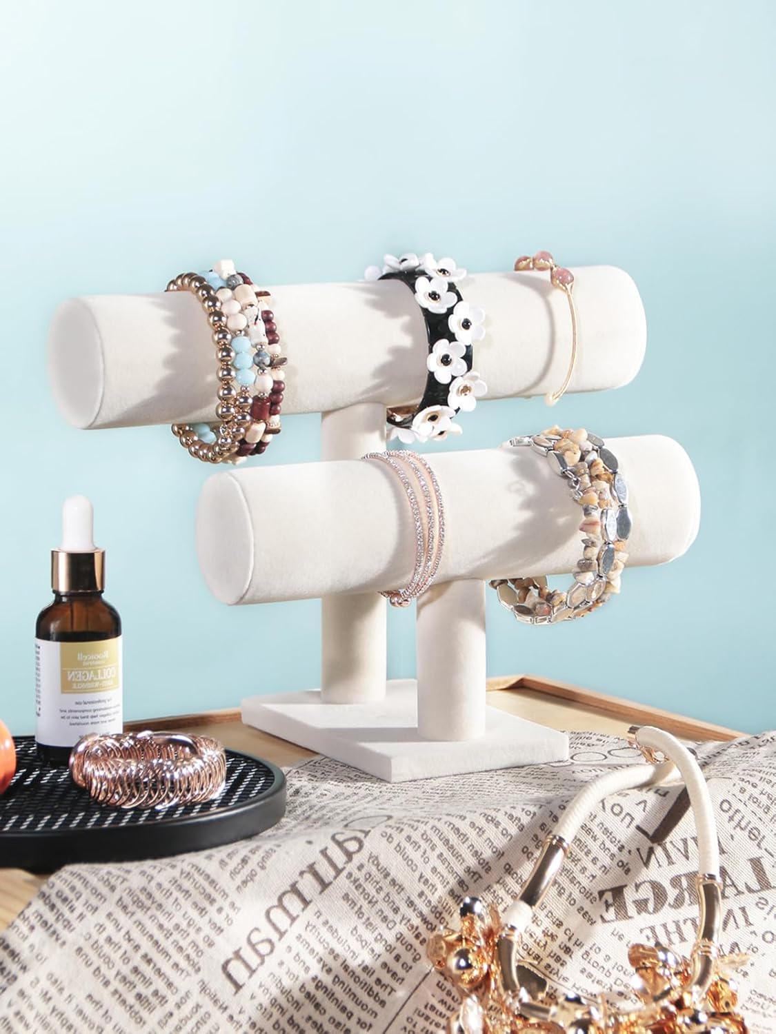 T-Bar Bracelet Holder Stand, Bracelet Jewelry Organizer Stand, Bangle Bracelet Watch Display for Selling, Scrunchie Hair Ties Jewelry Storage Rack for Women (2 tier beige)