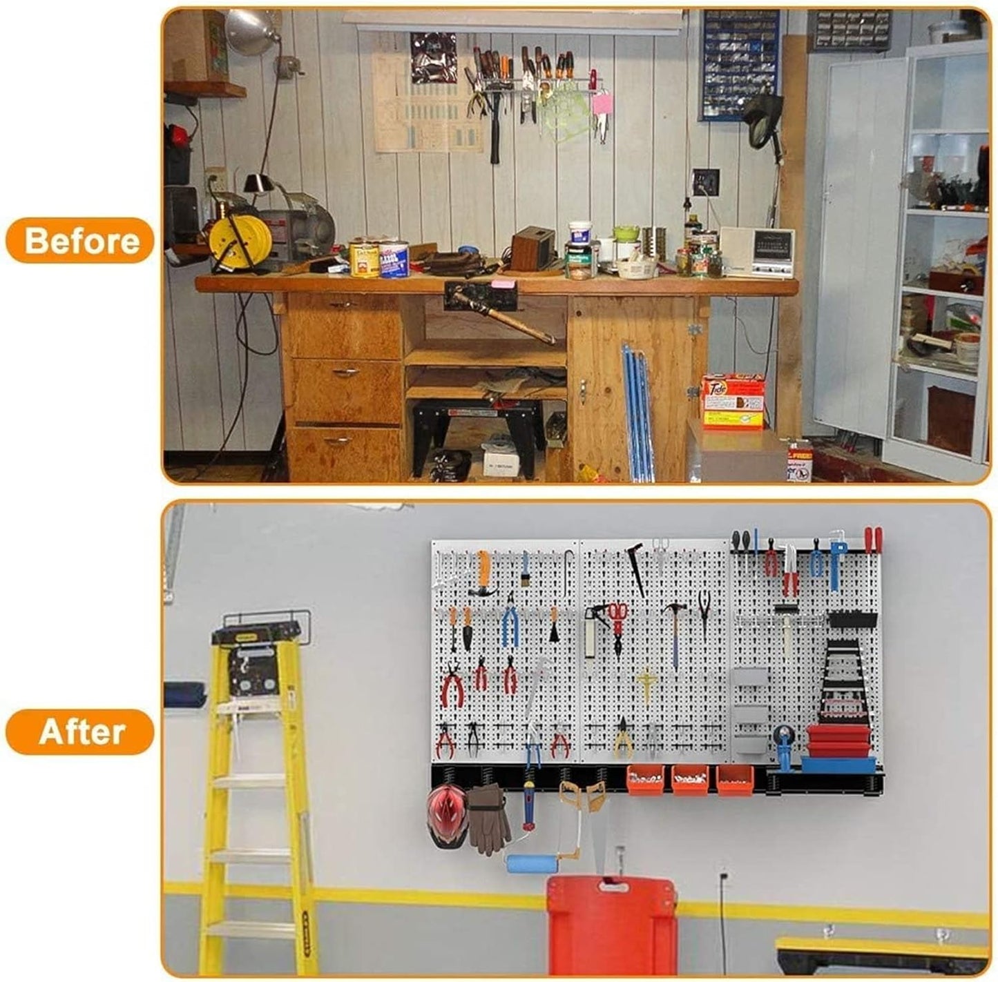 TORACK 109 PCS Pegboard Wall Organizer 4 ft. Garage Metal Pegboard Utility Tool Storage Kit w/Toolboard Hooks & Pegboard Hooks Accessories, Wall Mounted Storage Bins & Shelf