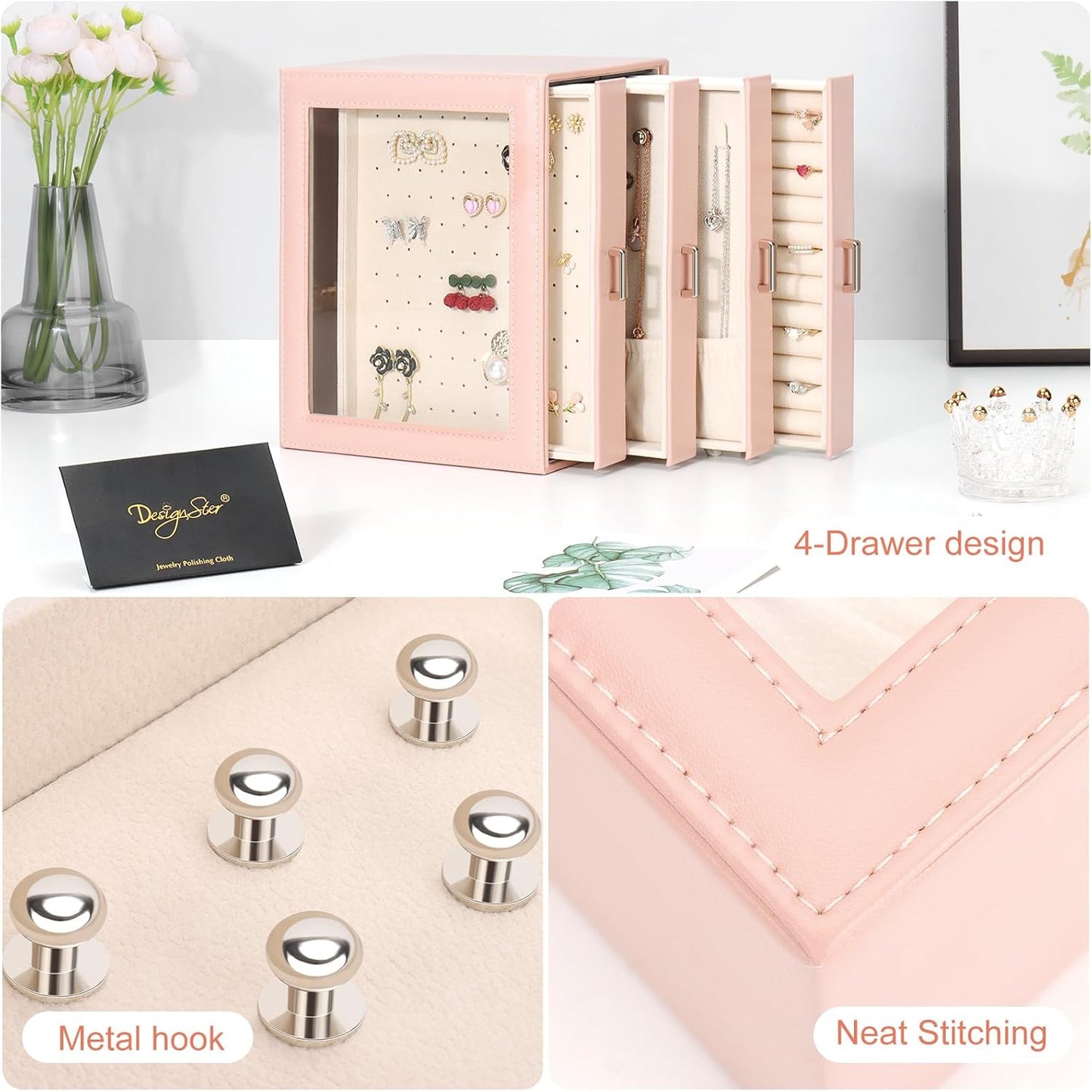 DesignSter Jewelry Box Organizer, Jewelry Box for Women, PU Jewelry Organizer Display Case with Side Drawers, Jewelry Storage for Earring Necklace Ring Bracelet Watch