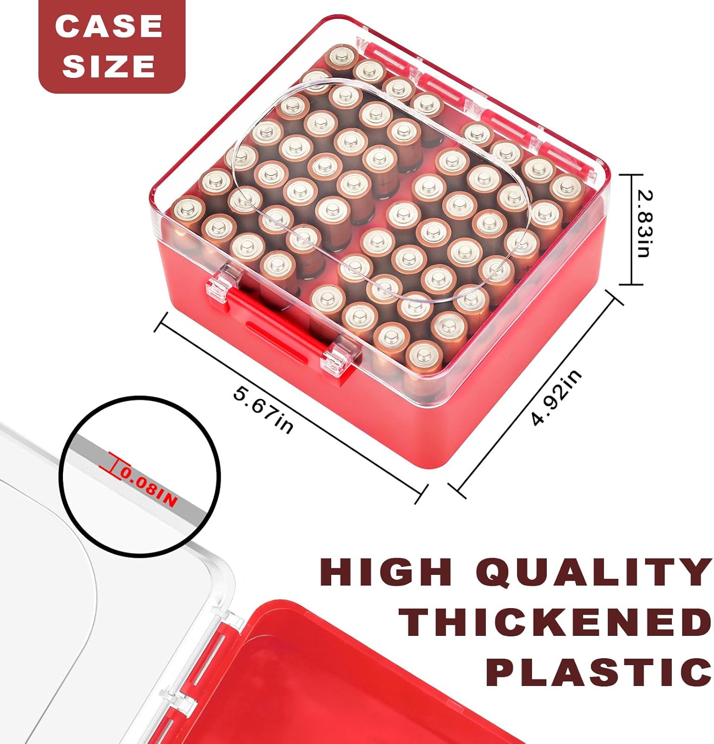 FULLCASE Battery Storage Organizer Box, Holder Container for 56 AA Batteries, Plastic Home Batteries Variety Pack Protective Organization(Case Only) Red
