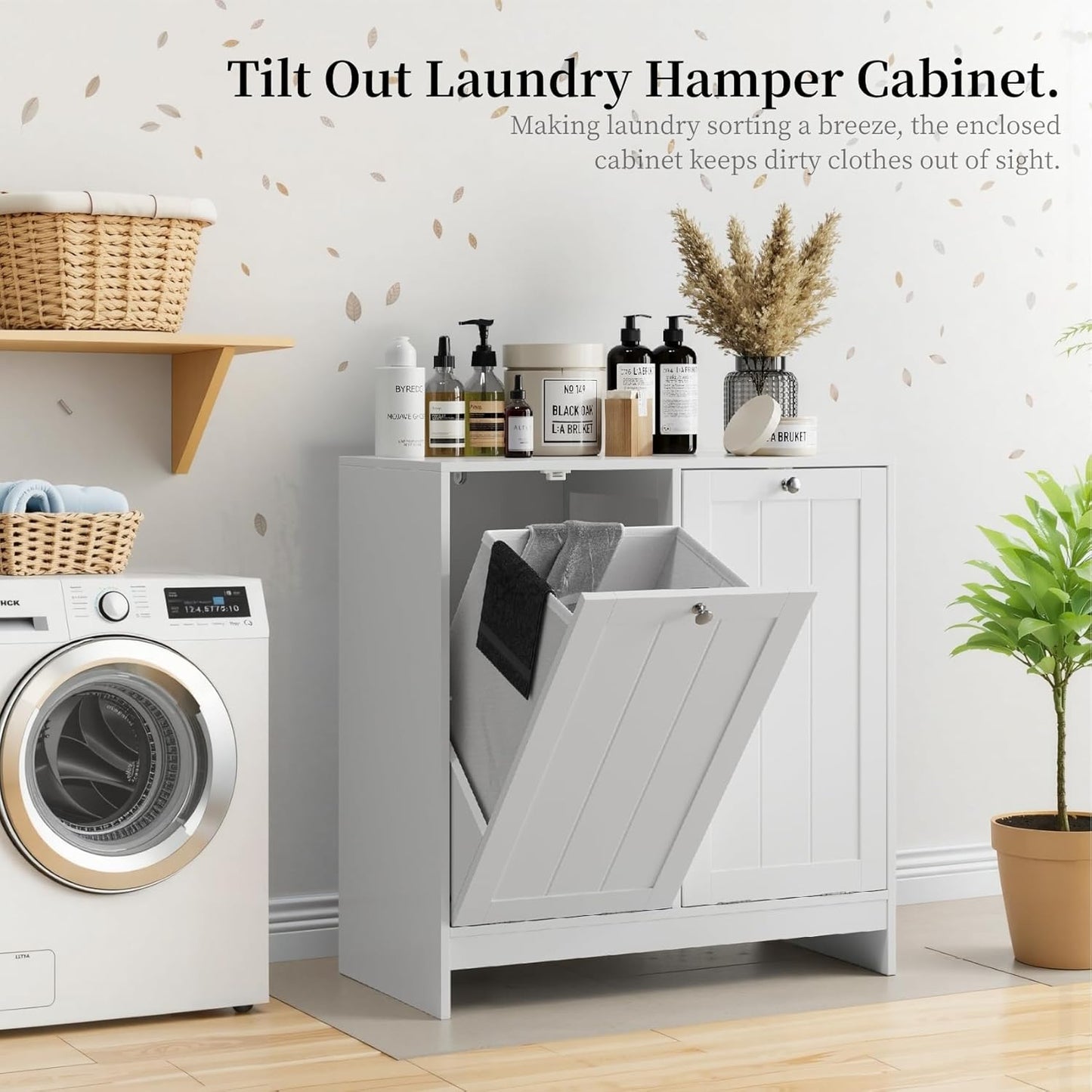 Tilt-Out Double Laundry Hamper Cabinet, White, 26.8" H x 26" W x 12" D, 5.9 Gal Capacity, MDF Construction.