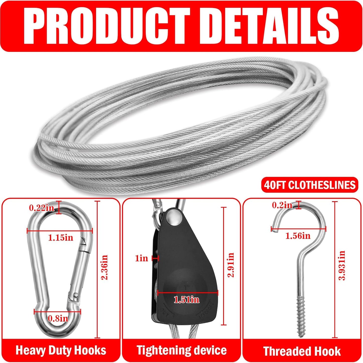 40ft Clothes Line Outdoors 3/16" Wire Ropes Silver PVC Coating Laundry Drying Clothesline Retractor with Metal Hooks Heavy Duty for Umbrella Travel Outside Camping Backyard