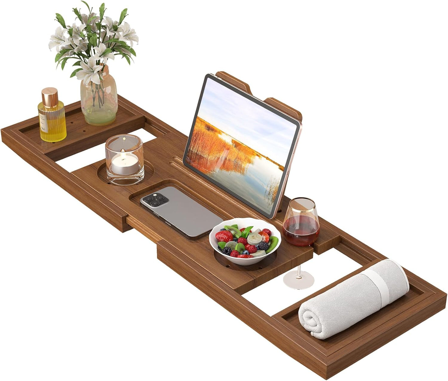 Teak Bathtub Tray, Expandable Wooden Bath Tray for Tub, Luxury Bath Caddy for Bathtub, Birthday & Wedding for Couple Bridal Shower Present, House Warming Gifts New Home