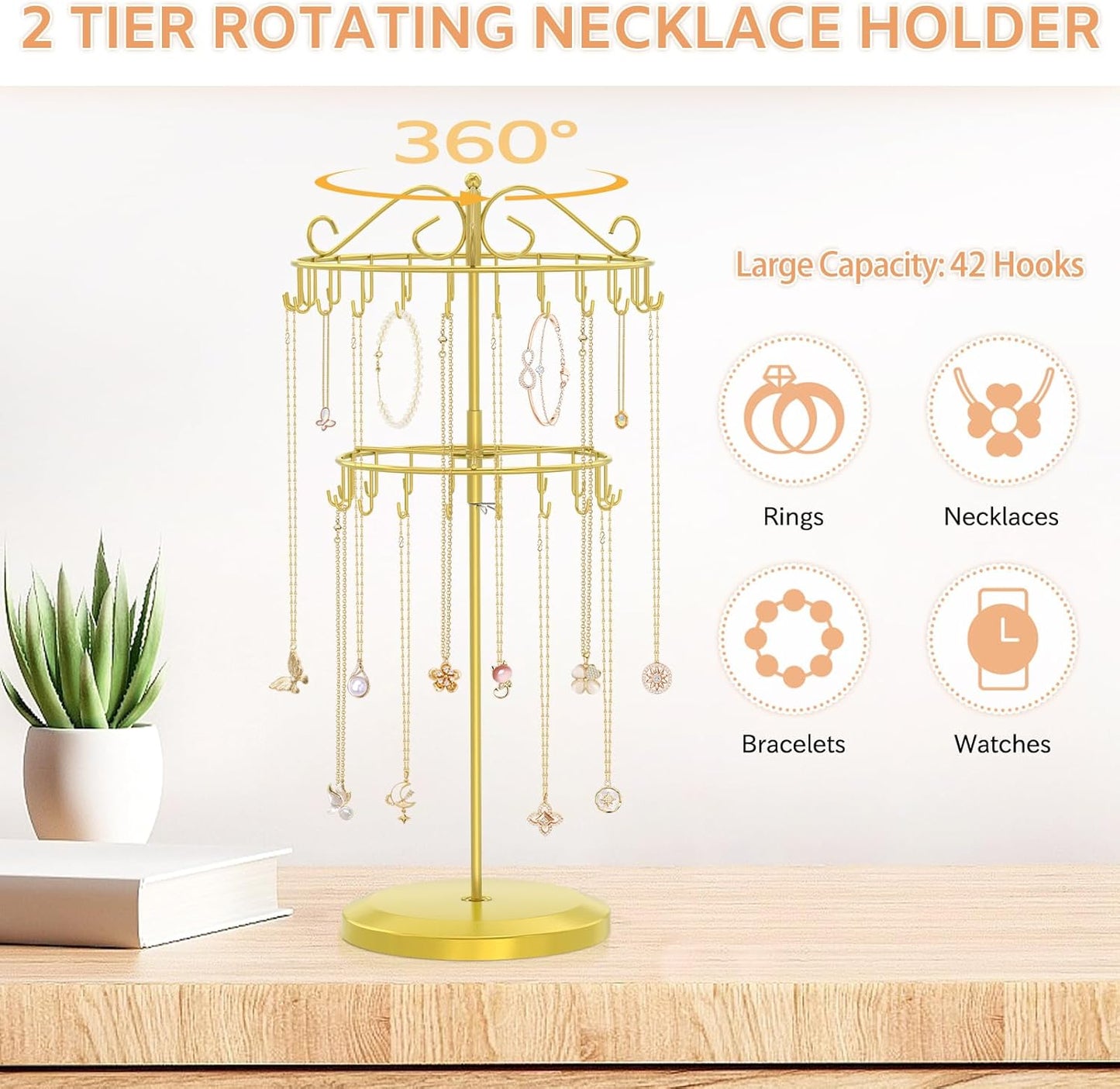 iDavosic.ly 2 Tier Rotating Necklace Holder Organizer with 42 Hooks, Adjustable Metal Bracelet Display Stand Rack, Extra Tall Keychain Spinning Tree Tower for Women, Gold