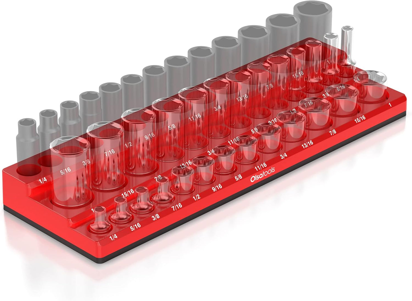 Olsa Tools Magnetic Socket Organizer (3/8-Inch Drive, 3 Row) - Magnetic Tool Organizer & Holder - SAE Red - Holds 39 Sockets - Professional Grade - Part: 1547
