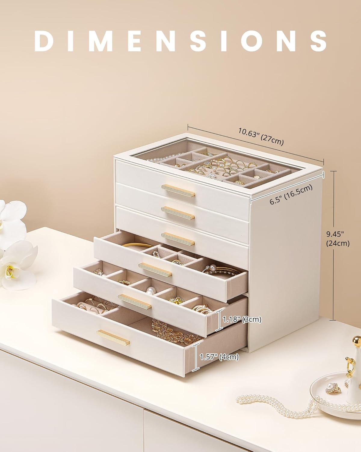 Lolalet Jewelry Box Organizer, 6-Layer Jewelry Organizers and Storage Case with Glass Lid, Ring Earring Bracelet Necklace Holder Organizer, Birthday Christmas Gifts for Women Girls -6Layer, Beige