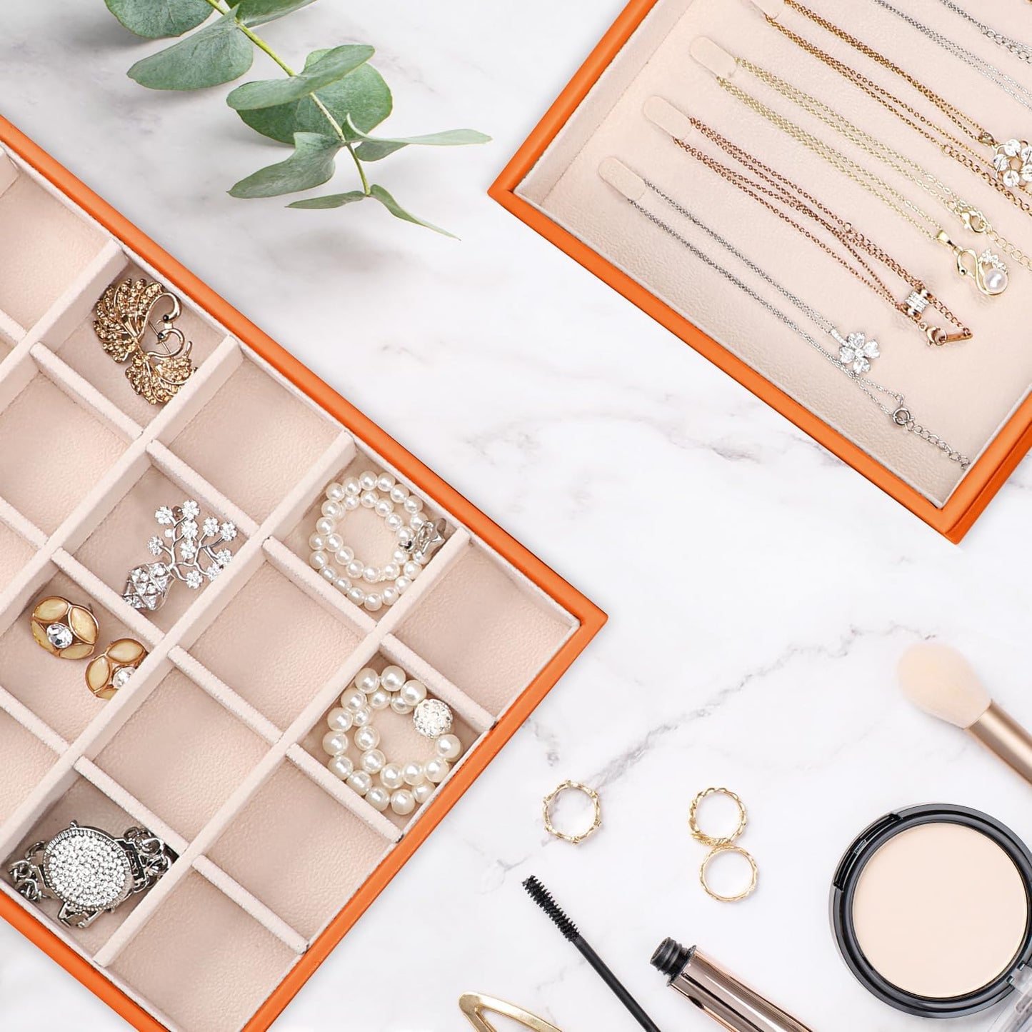 Voova Stackable Jewelry Organizer Tray with Lid, PU Leather Jewelry Storage Holder for Drawer Inserts, Jewellery Display Box Case for Earring Necklace Ring Watch Bracelet (Set of 4, Orange)