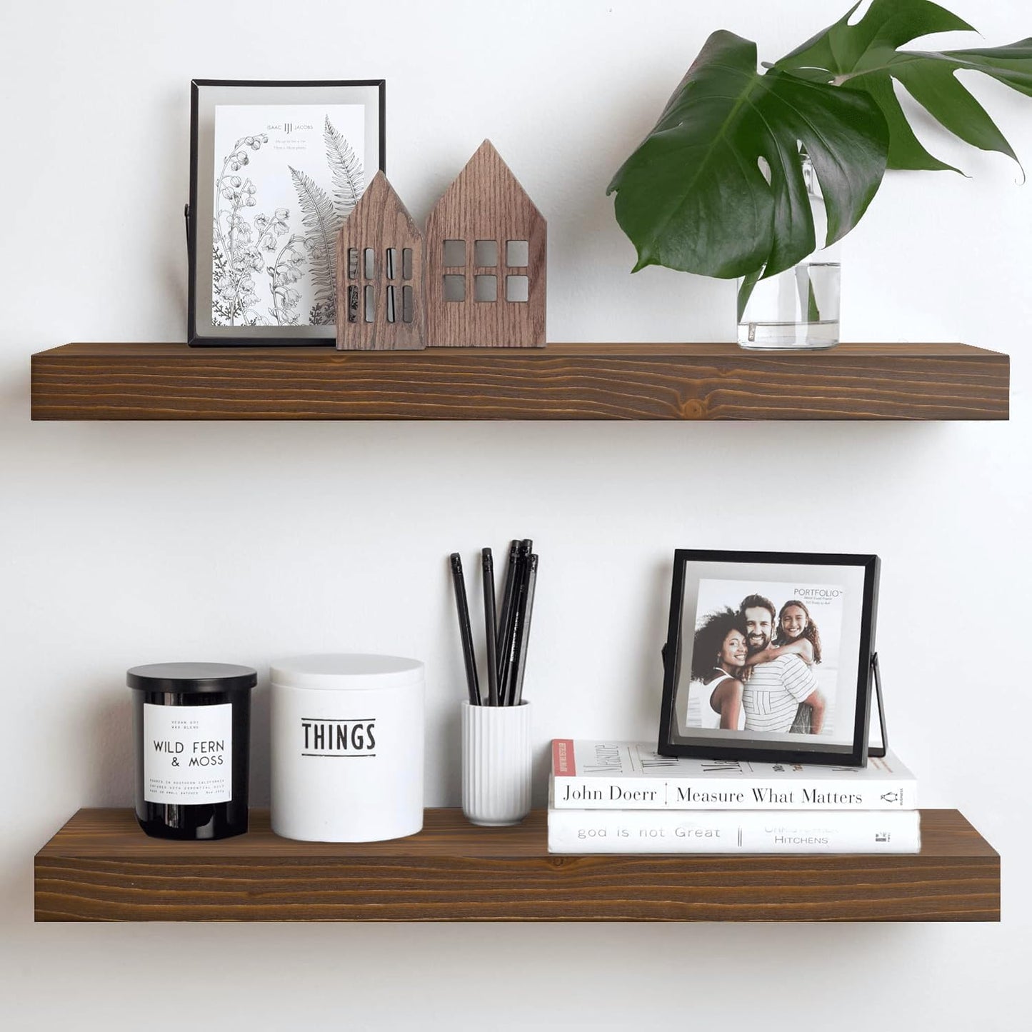 Homeforia Classic Walnut 24 inch Floating Shelf, High End Solid Real Wood Small 24inch Floating Shelves for Wall Mounted, 24in Floating Shelves, Heavy Duty Bracket, 24 X 6.5 X 1.75 inches, Set of 2