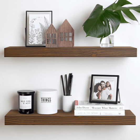 Homeforia Classic Walnut 24 inch Floating Shelf, High End Solid Real Wood Small 24inch Floating Shelves for Wall Mounted, 24in Floating Shelves, Heavy Duty Bracket, 24 X 6.5 X 1.75 inches, Set of 2