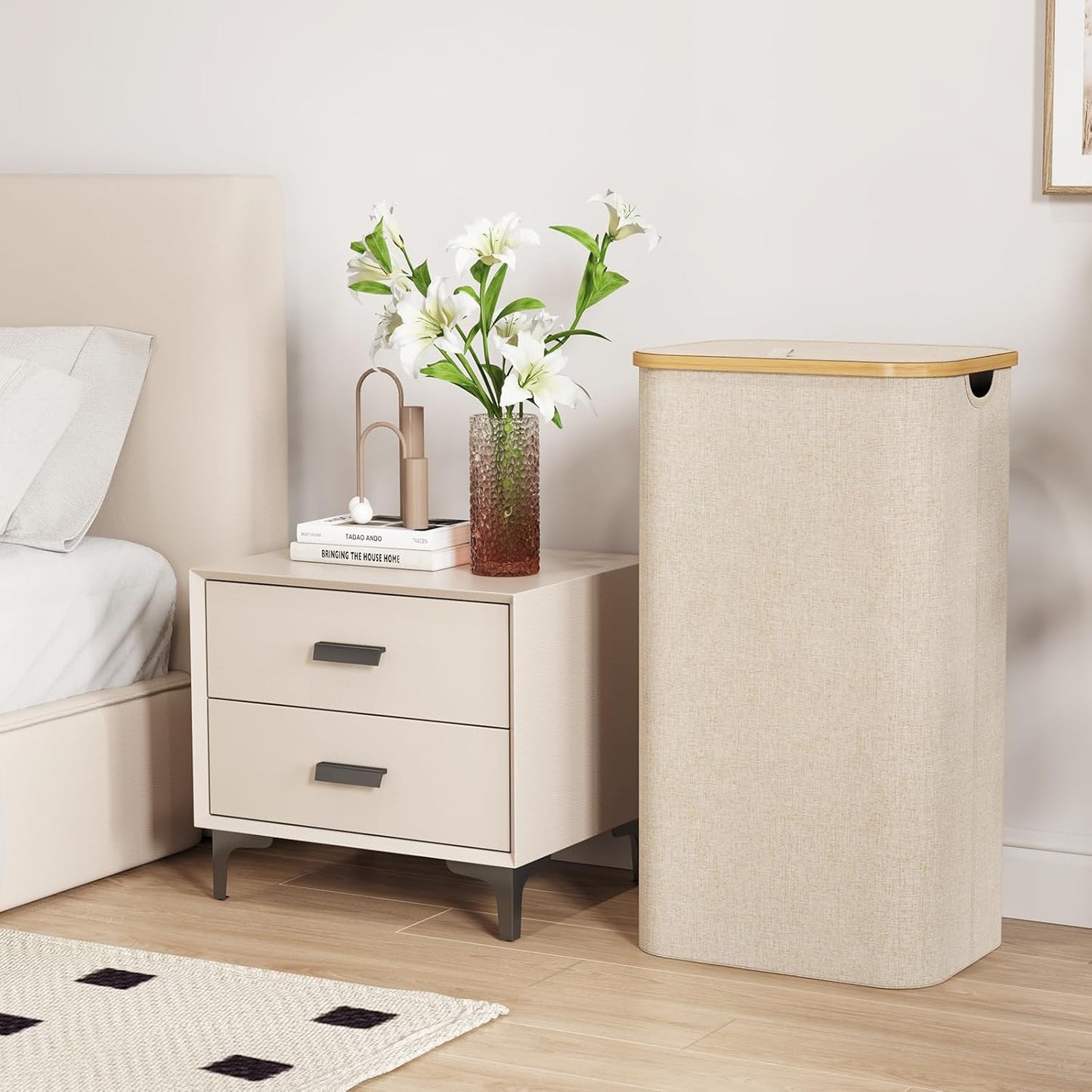 Lifewit 100L Laundry Basket with Lid, Clothes Hampers for Laundry with Bamboo Handles and A Removable Bag, Large Foldable Laundry Hamper for Bedroom, Bathroom, Dorm, Laundry Room, Beige