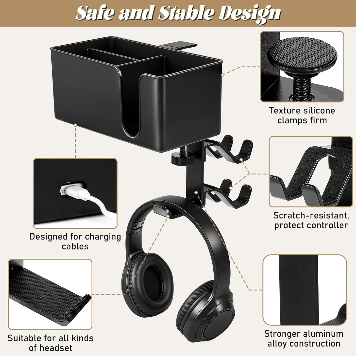 5 in 1 Controller Holder - Desk Cup Holder and Headphone Hanger, Rotatable Under Desk Clamp Organizer Dual Gamepad Headset Stand Gaming Desks Accessories for Xbox, PS4, PS5, PC, Switch