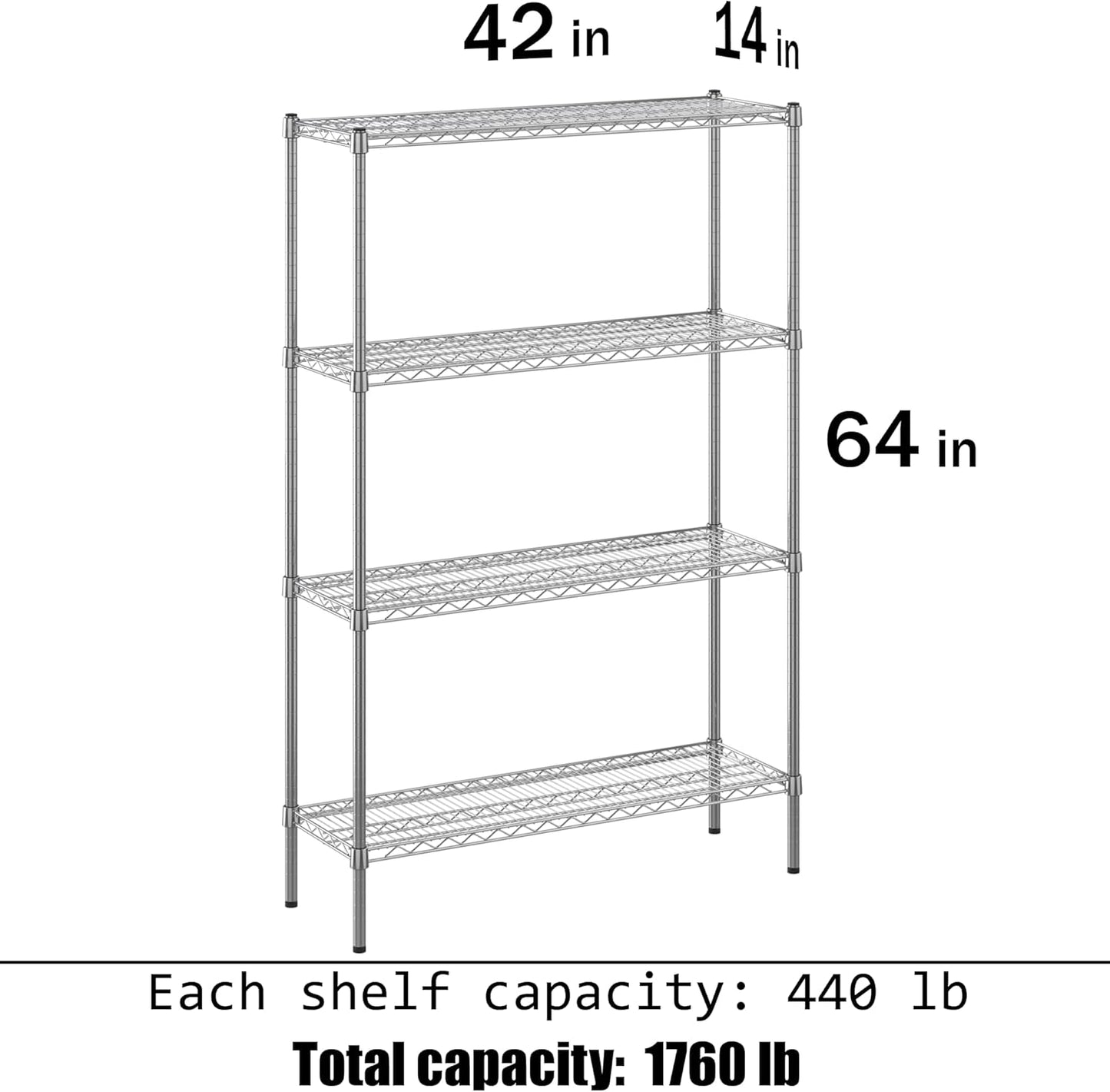 14" Deep x 42" Wide x 64" Height Wire Shelving Kit | 4-Tier | NSF Commercial Storage Rack Unit