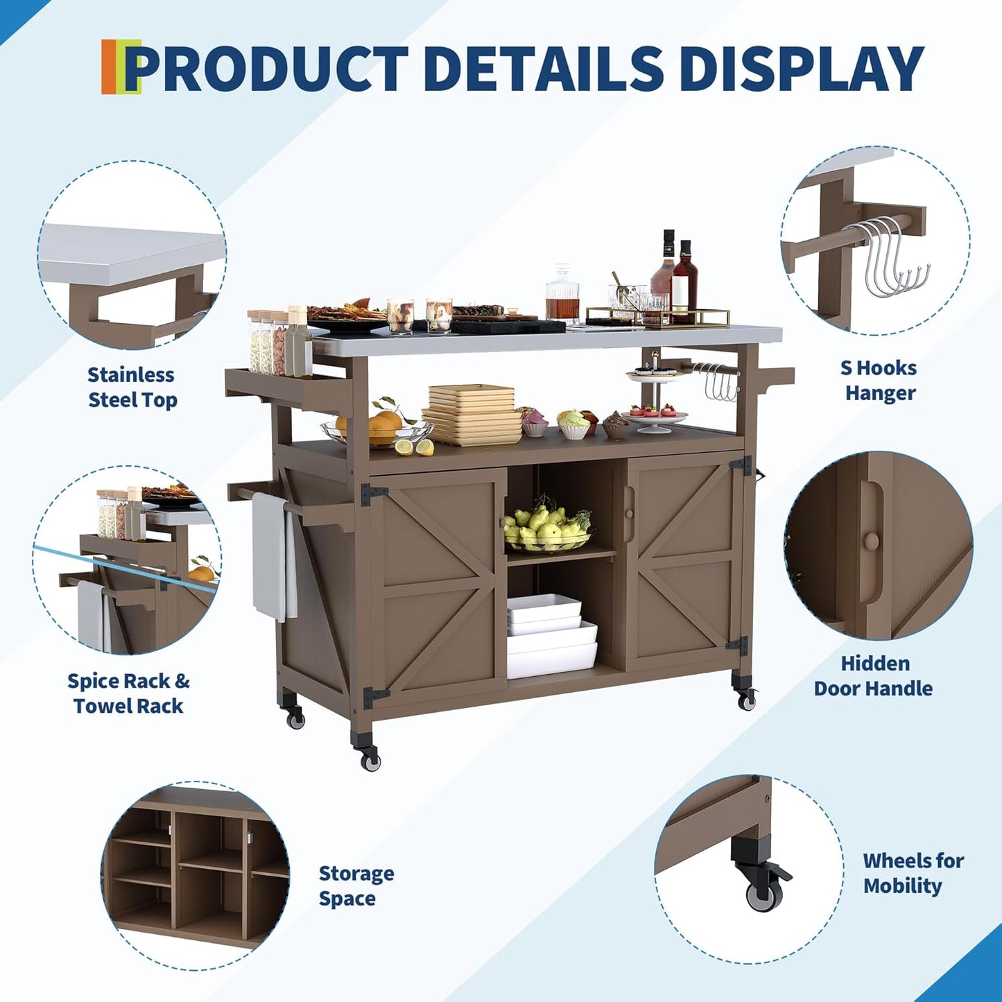 Outdoor Grill Cart with Storage Cabinet, Wood Outdoor Kitchen Island on Wheels, Grill Cart Table with Stainless Steel Table Top, Spice Rack, Towel Rack & Lockable Wheels for Kitchen,BBQ, Coffee
