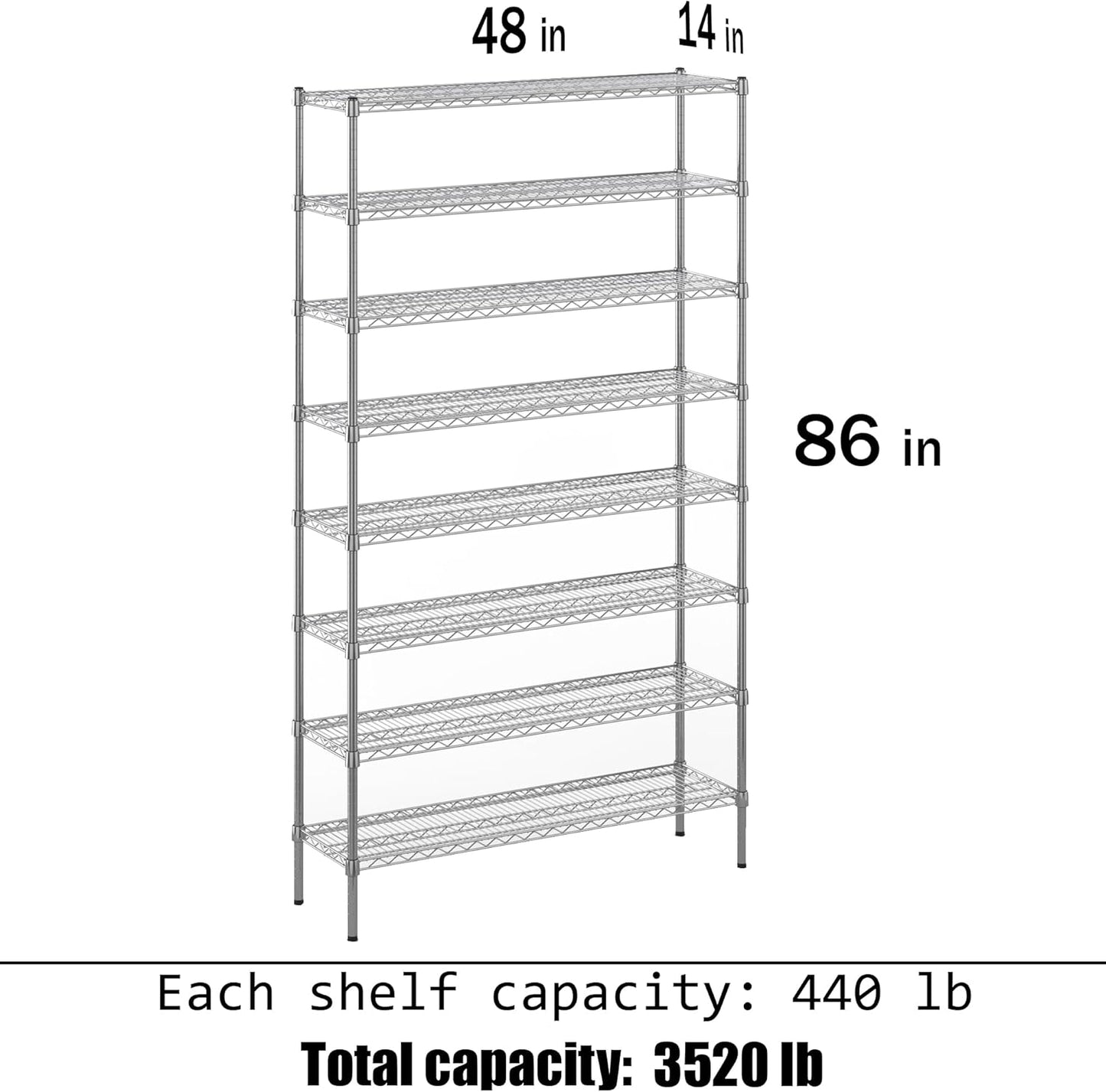 14" Deep x 48" Wide x 86" Height Wire Shelving Kit | 8-Tier | NSF Commercial Storage Rack Unit