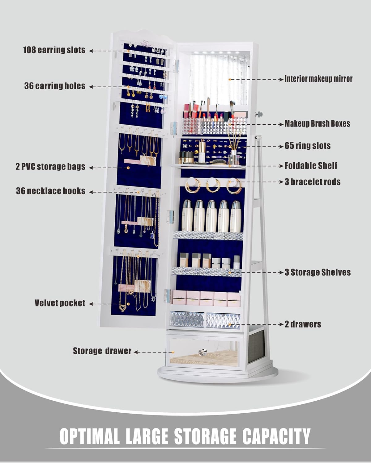 Full-Length Mirror Jewelry Cabinet Standing, 360° Swivel Jewelry Armoire with Mirror and LED Lights, Built in Mirror & Large Storage Shelves & Drawer, White