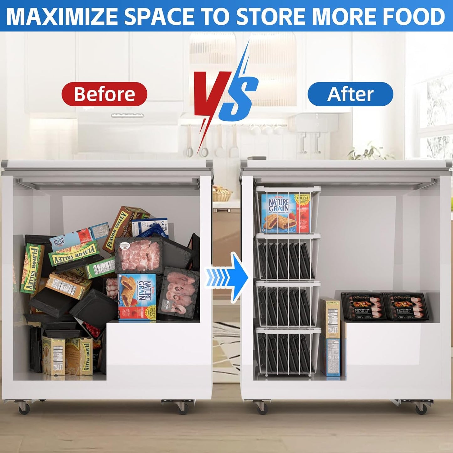 4 Pack Freezer Organizer Bins(14.6‘’L X 7.1‘’W X 5.2‘’H) for 7 Cu.FT Chest Deep Freezer Sort Frozen Meats | Deep Freezer Organizer Bins Get Food Easily w/Handle(White)