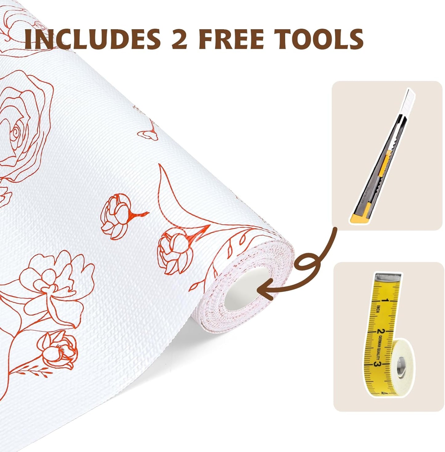 Shelf Liners for Kitchen Cabinets 17in x 20FT Non Adhesive Drawer Liner Red and White Floral Thickened Shelf Liner Paper Strong Non-Slip Easy to Clean for Tool Box with Knife and Tape Measure