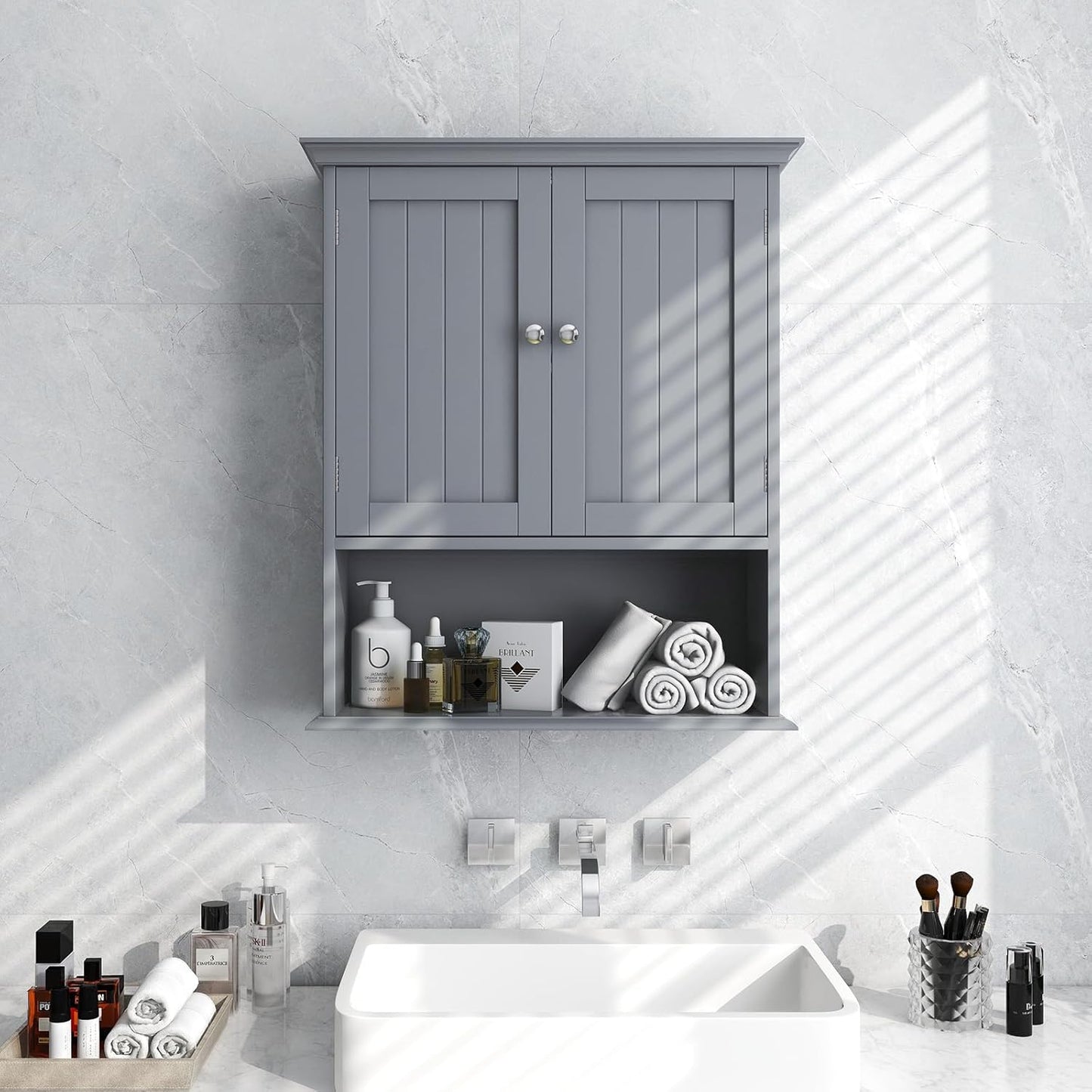 Tangkula Bathroom Wall Cabinet, Wooden Hanging Cabinet with Doors & Shelves, Multipurpose Storage Cabinet for Restroom Kitchen Living Room, Wall Mounted Bathroom Medicine Cabinet (Grey)