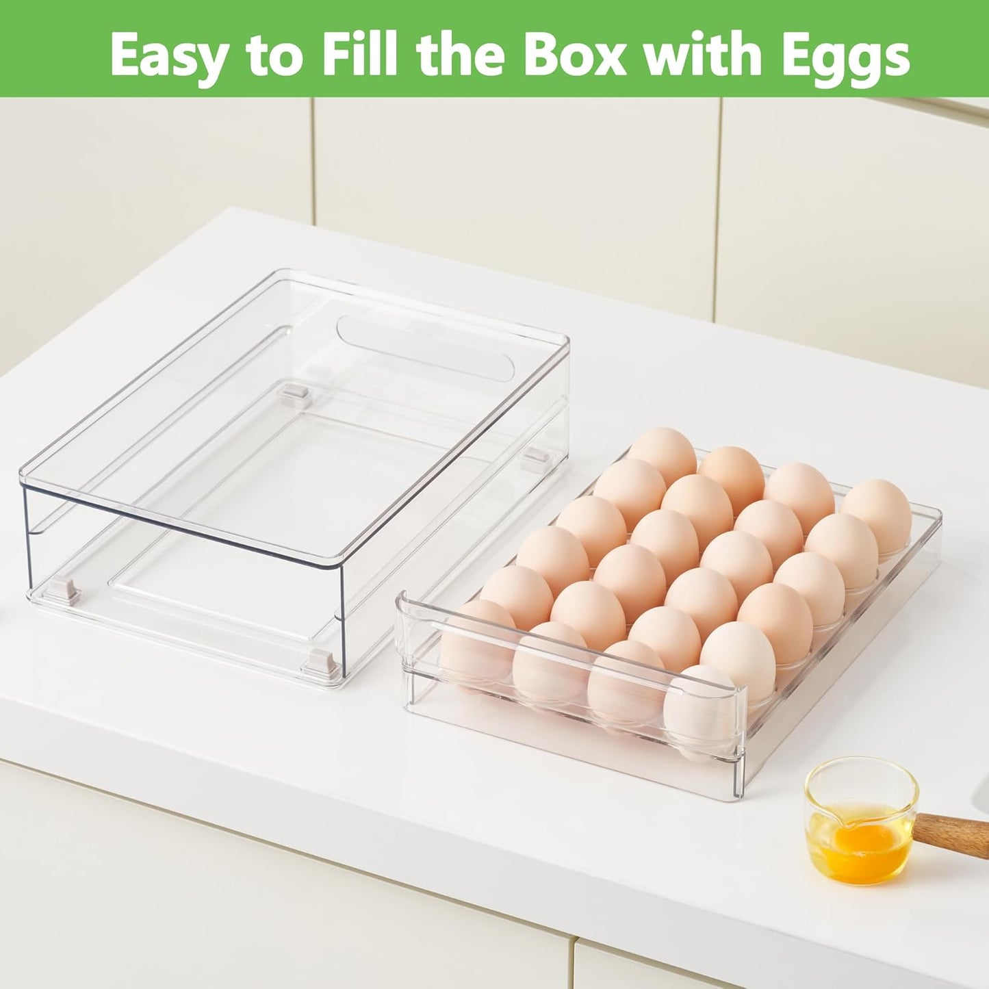 vacane 24 Capacity Egg Holder for Refrigerator Organizer Bins, BPA Free Egg Storage Container with Non-Slip Pads, Space-Saving Egg Tray for Fridge Drawer