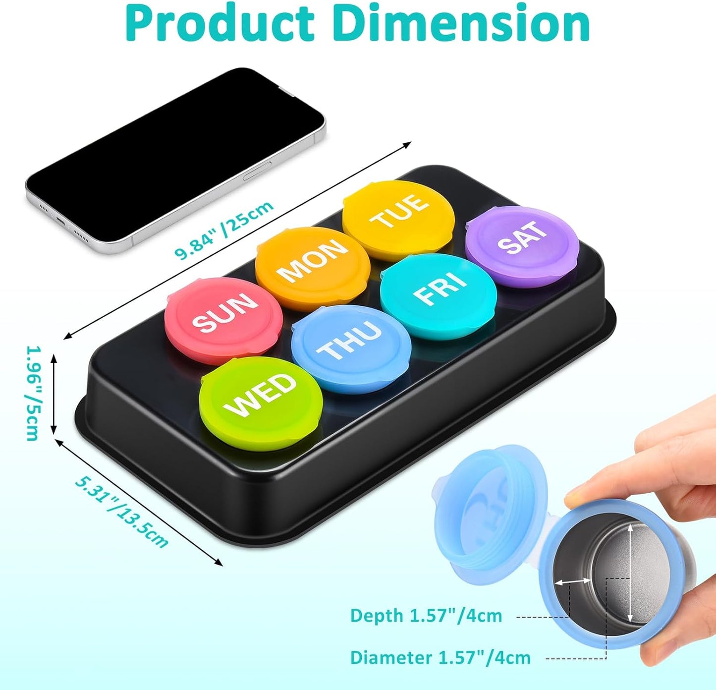 Weekly Metal Pill Case 7 Day, Stainless Steel Pill Box Organizer for Travel, Waterproof Medicine Container, Portable Daliy Pill Holder for Vitamins Fish Oils (Rainbow-7days)