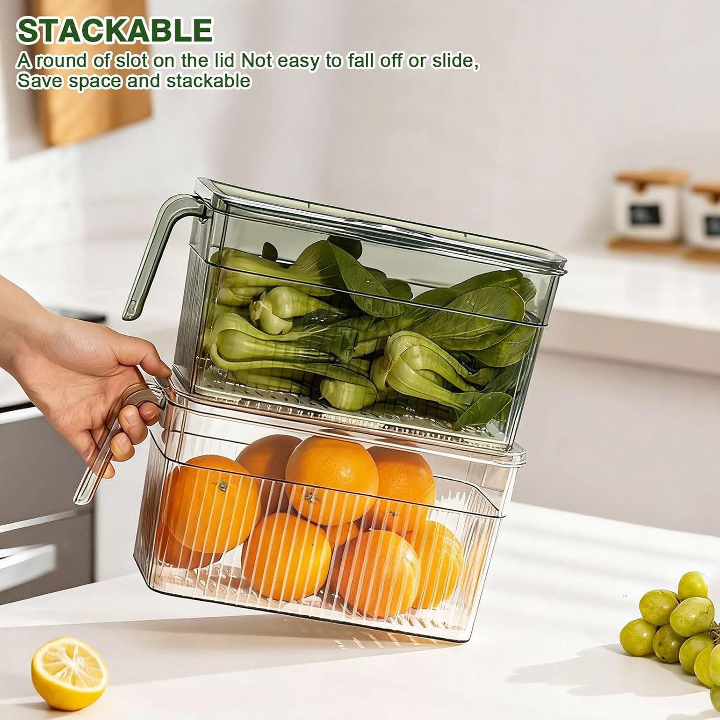 loobuu 2 Pack Stackable Food Storage Produce Saver Containers for Refrigerator, Berry Keeper Boxes for Fridge with Removable Drain Tray Keep Fresh for Vegetables/Fruit (Clear&Green)