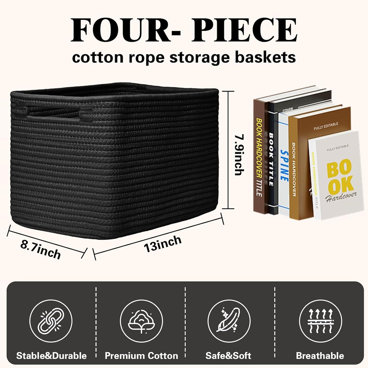 Storage Baskets for Organizing, 4 Pack Storage Baskets for Shelves, Woven Basket for Shelves, Closet Organization, Rectangle Organizer Basket Gifts Empty, 13"Lx8.7"Wx7.9"H Decorative Bins with Handles