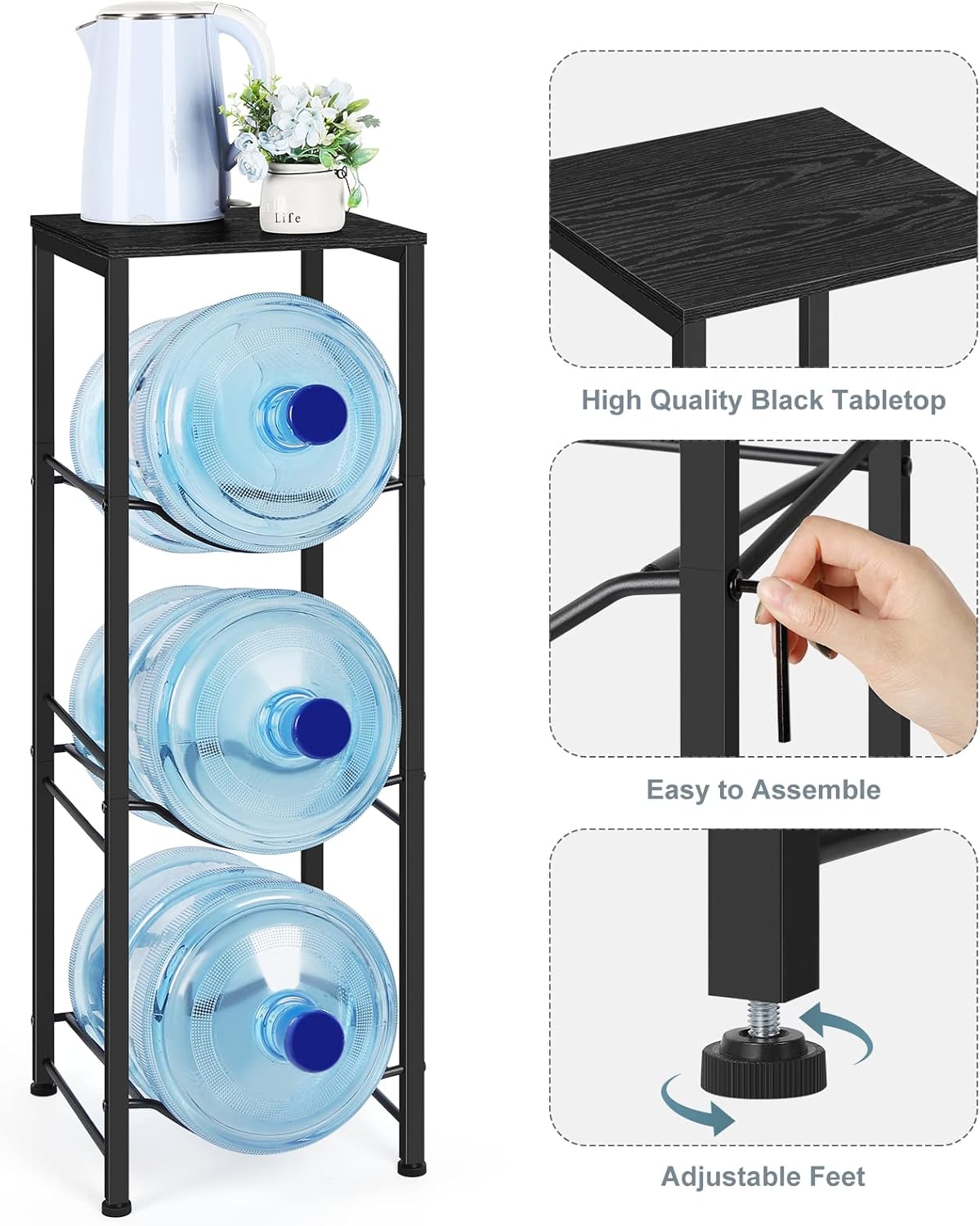 OYEAL Water Bottle Holder Organizer 5 Gallon Water Jug Stand with Shelves, 3-Tier Water Bottle Dispenser Stand for Kitchen Living Room Office, Black