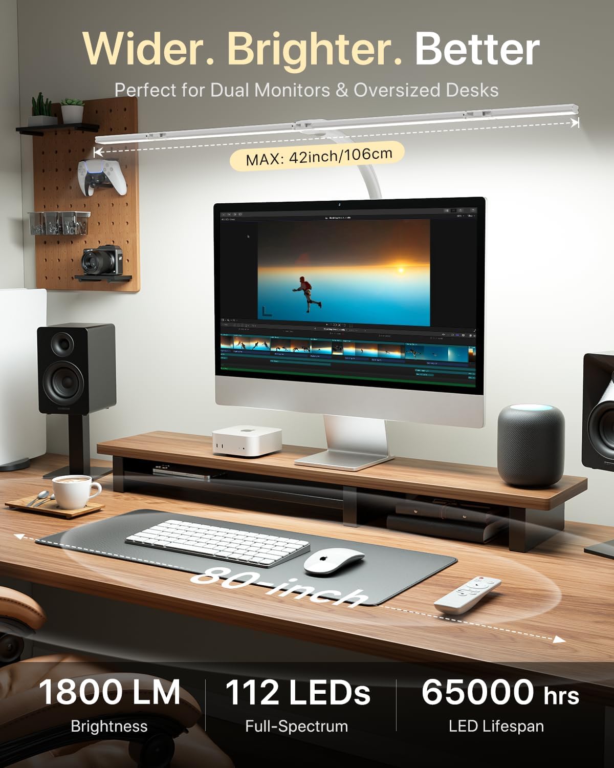 ONEMIX 42" LED Desk Lamp with Clamp, Architect Desk Light with Remote, Adjustable 4-Segment Bar, 1800LM Bright, Eye-Caring Desk Lamp for Home Office, Reading, Study, Dual Monitors, Workbench (White)