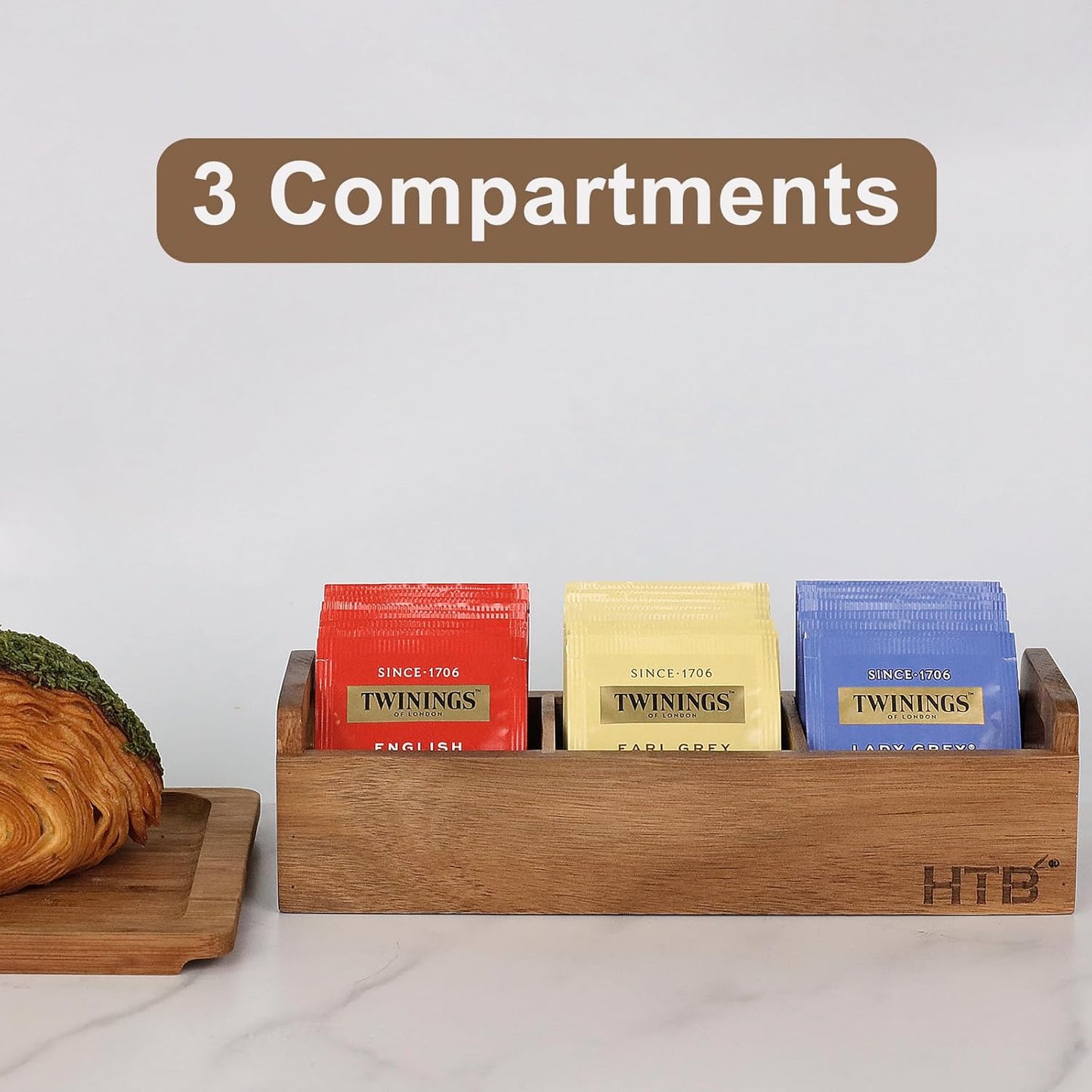 HTB Small Tea Bag Box Wooden, 3 Compartments Acacia Wood Tea Bag Chest with Handle, Mini Countertop Divided Storage Container for Beverage Supplies, Sugar, Sweeteners, Individual Packets