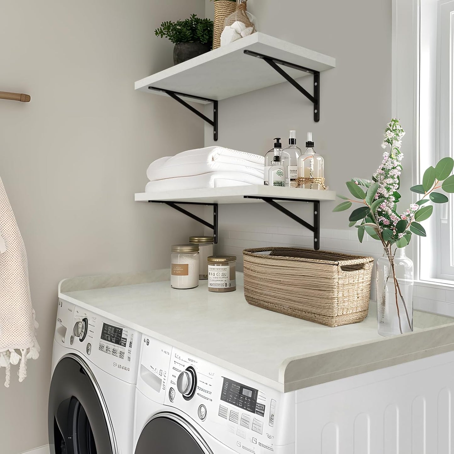 Kaboon Washer Dryer Countertop, Melamine Countertop with Edge Rails - 27.5" Depth x 54" Width Laundry Room Organization, Sea Salt/Greylish White