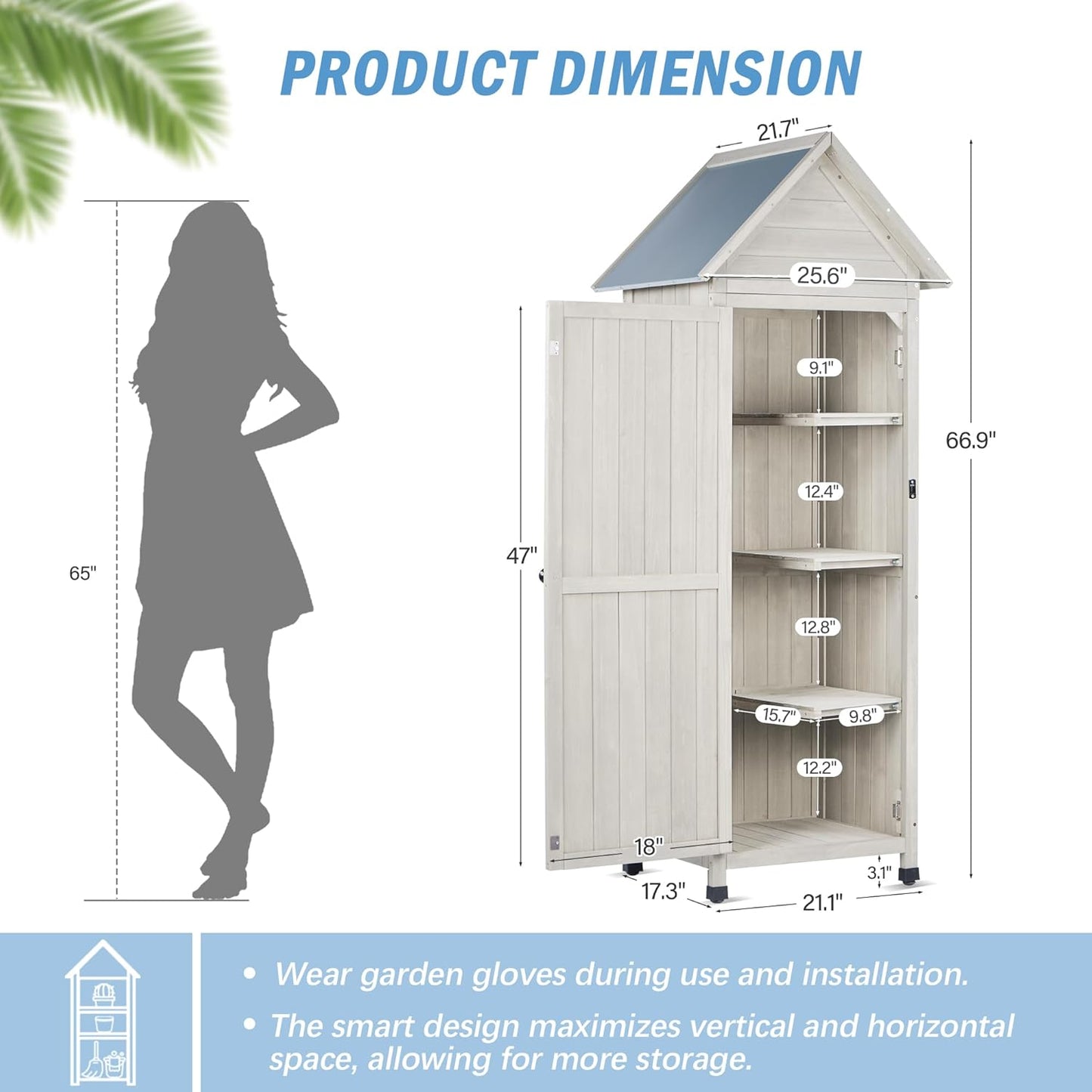 Wooden Outdoor Storage Cabinet with Waterproof Metal Roof Vertical Garden Tool Shed Adjustable Shelves, Perfect for Yards, Patios, Decks and Porches (Light Gray, 22" x 26" x 67")