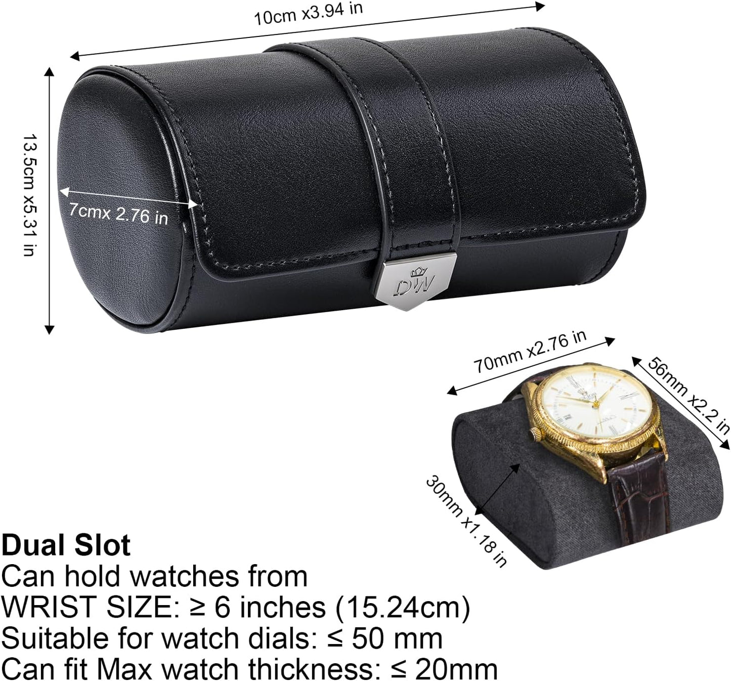 DUKWIN Watch Roll for 2 Watches,Vegan Leather Travel Watch Case Organizer with Removable Pillows for Men and Women,Display Case for Watches Collection and Gift for Anniversary Birthday(Black Storage)