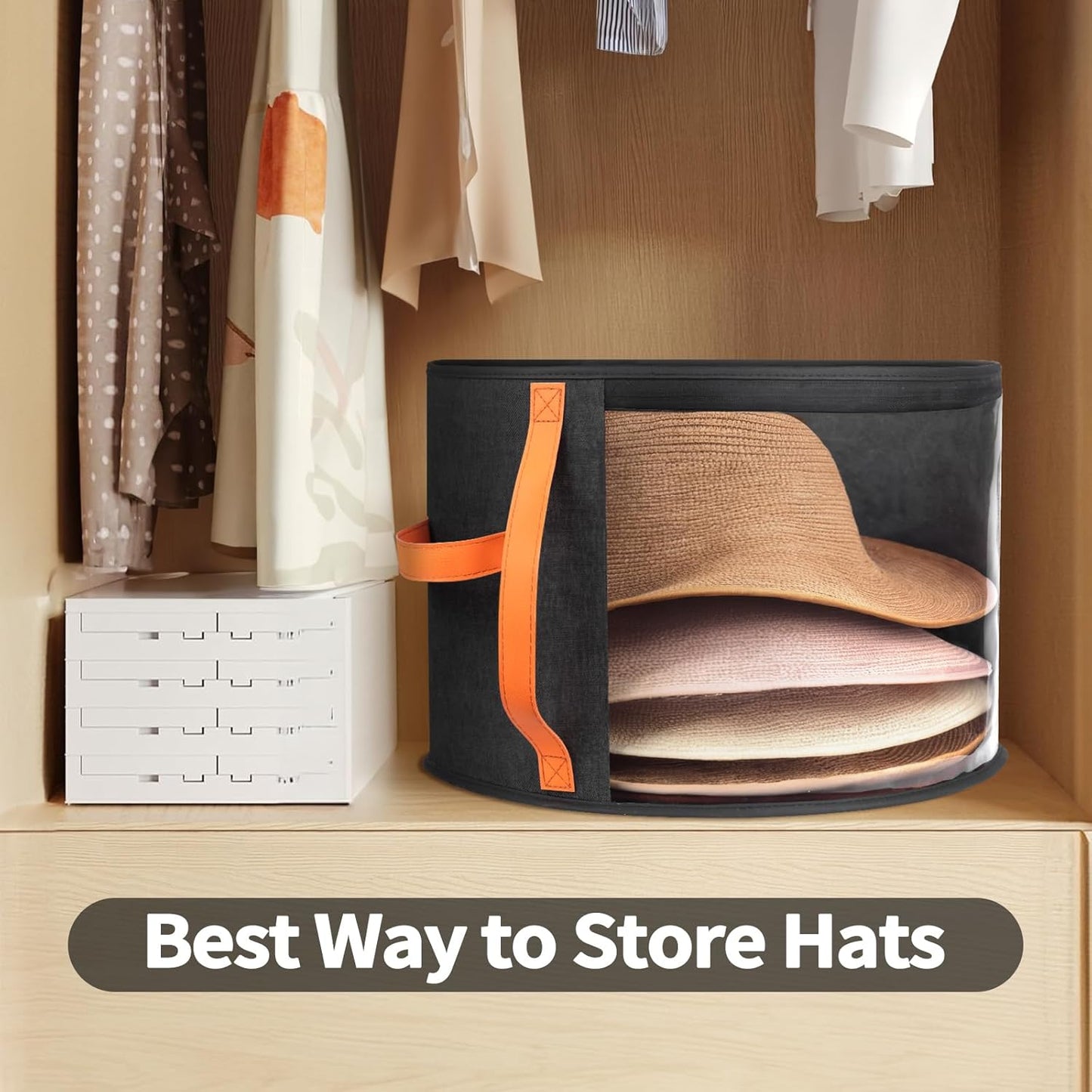 Oversized Clear Hat Storage Box for Women, Cowboy Hat Organizer for Closet, Wide Brims Hat Case with Carrying Handles, Hat Bag (Black)