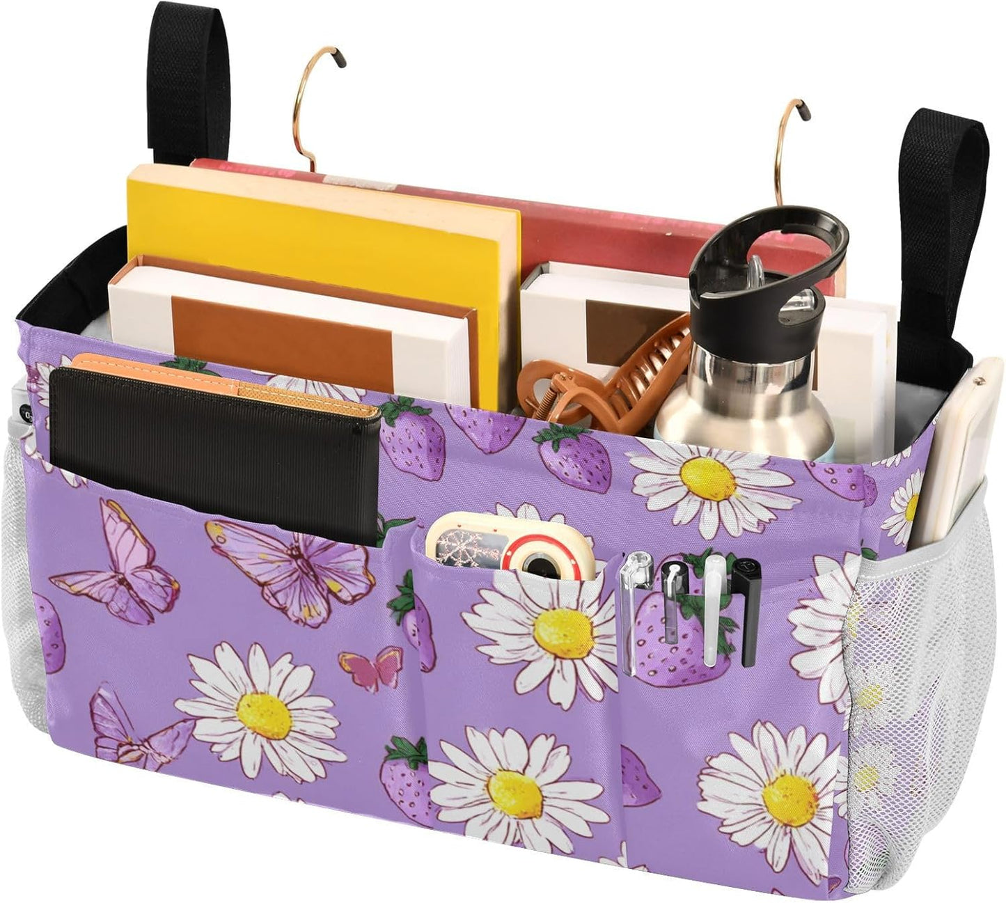 Purple Cute Daisy Butterflies Strawberry Bedside Caddy for Dorm Bed Bedside Hanging Caddy Bag Iron Frame Storage Organizer Pocket for Bunk Home College Hospital Beds 2 Hooks
