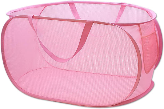 Sturdy Mesh Laundry Hamper Basket Bag,Pop up Basket with Side Pocket for Laundry Room, Bathroom, Kids Room, College Dorm or Travel (Pop Horizontal, Pink)