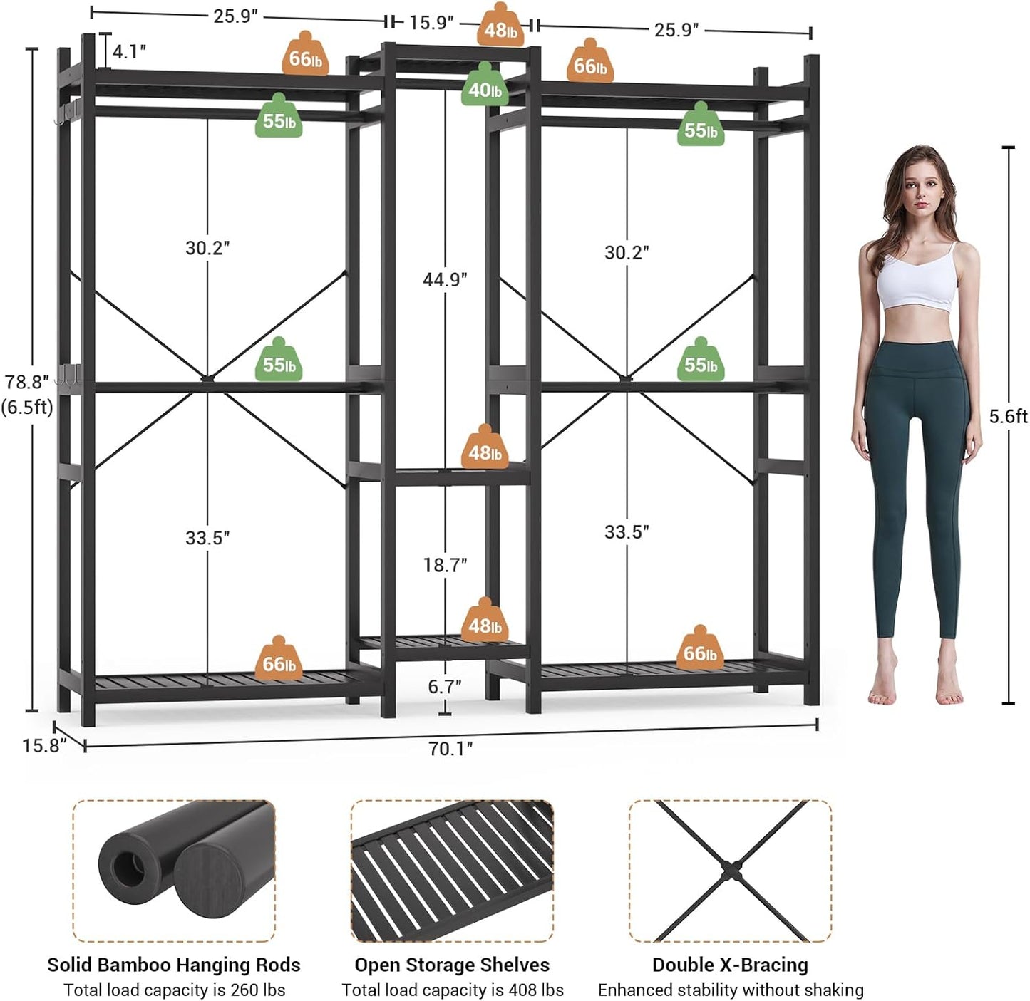 Homykic Bamboo Closet System Clothes Rack, Large Freestanding Garment Rack Clothing Rack for Hanging Clothes with 7 Storage Shelves and 5 Rods, Open Wardrobe Organizer with 4 Hooks, Black