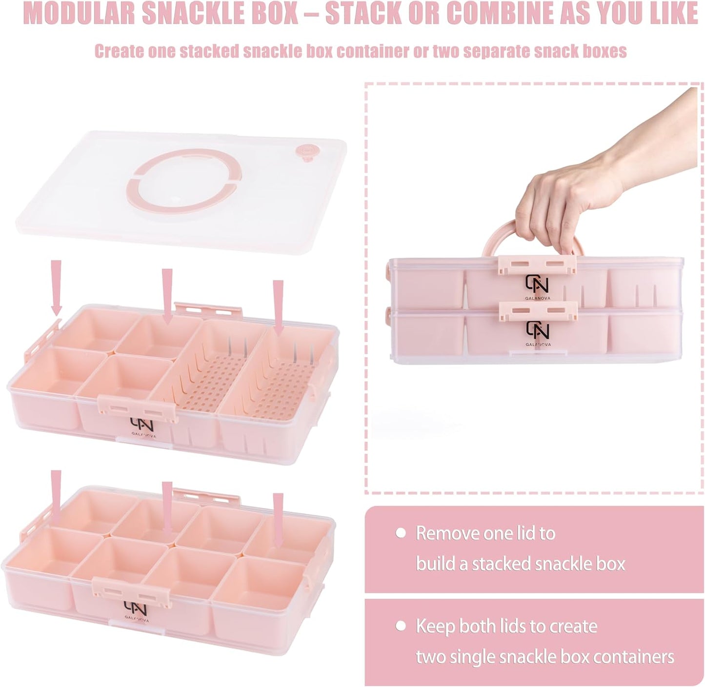 Stackable Snackle Box Container with 2 Lids, 14 Compartments - BPA-Free Snackle box Organizer, Dishwasher & Microwave Safe Reusable Snacklebox for Veggies, Fruits, Charcuterie, Snacks (Pink, 2 Pack)