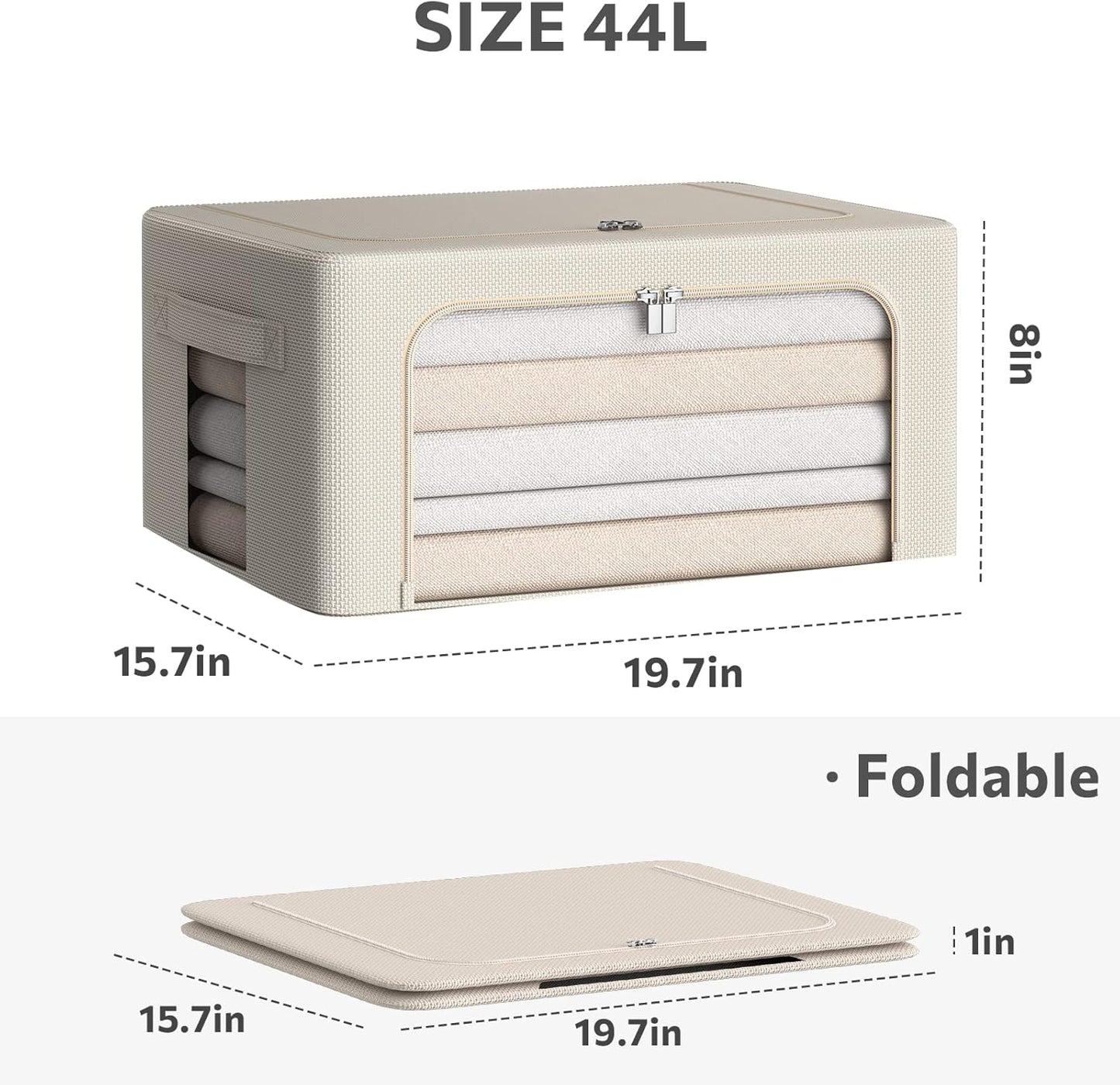 CYhom 3Pack Frame Storage Box - Clothes Storage Bin Bags Oxford Fabric Foldable Stackable Container Organizer Set with Clear Window & Carry Handles (Beige, Medium-44L)