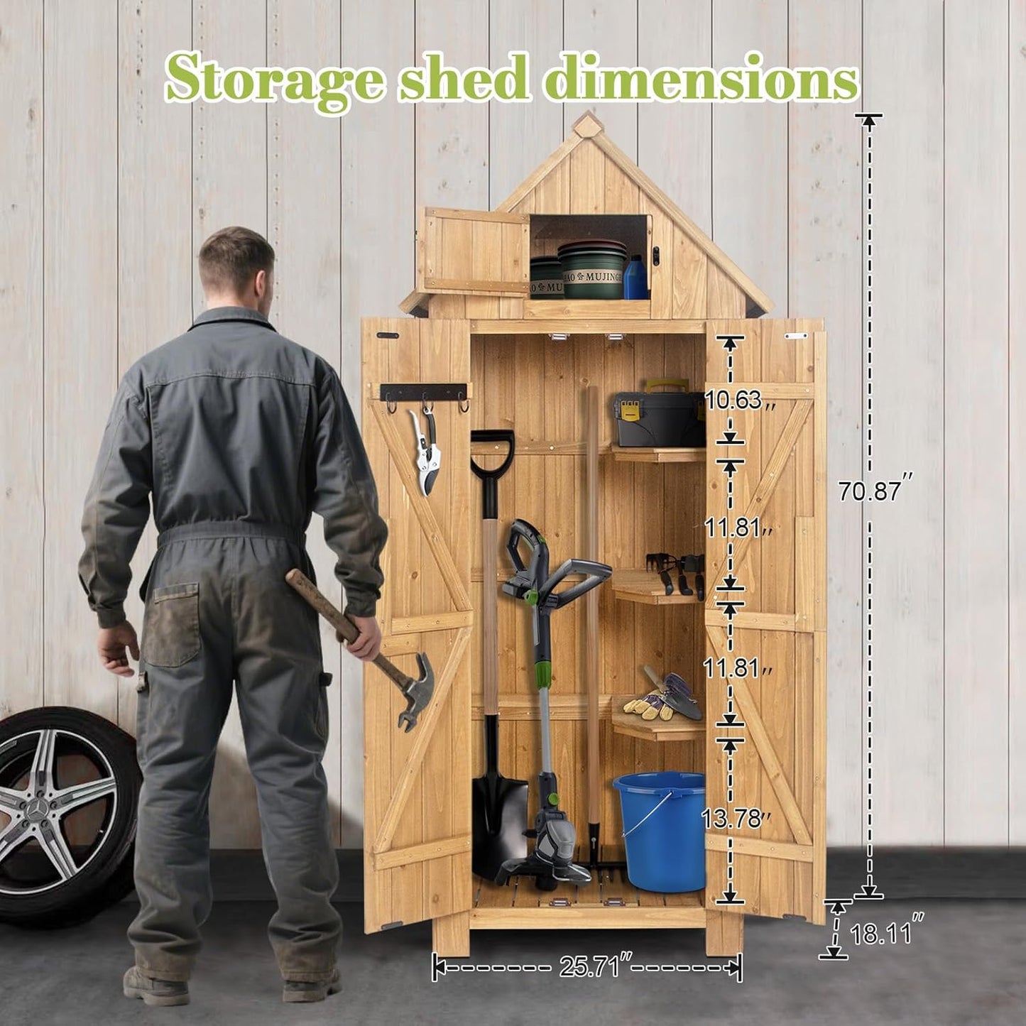 Wooden Outdoor Storage Shed with Double Doors,70” Tall Waterproof Storage Shed with Lock,Sheds & Outdoor Storage with Windproof Tipping for Deck,Backyard Garden and Yard