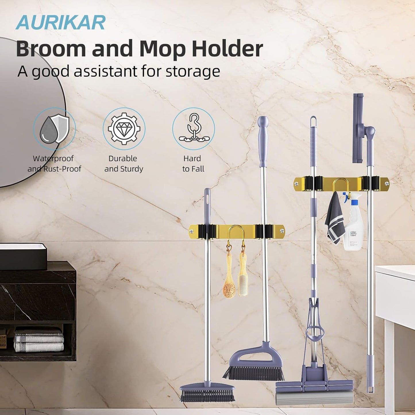 Broom Holder Wall Mount, 2-Pack Stainless Steel Mop and Broom Organizer, Broom Hanger with 2 Slots 2 Hooks for Home Kitchen, Garage, Garden and Laundry Room, Gold