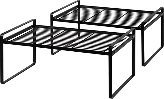 2Pack Kitchen Cabinet Shelf Counter Organizer Rack Pantry Storage Bathroom Bedroom Office Table Desk Space Saving Stackable Rust Resistant Non Slip Black Wide L16.1in W10.6in H7.3in