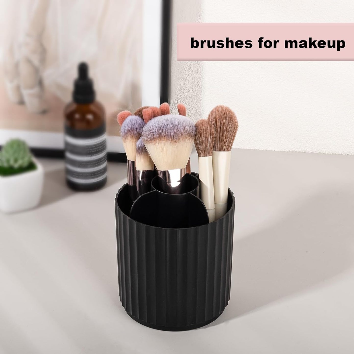 Anyoifax Makeup Brush Holder Organizer 360°Rotating Make Up Brushes Container for Vanity, Spinning Cosmetics Storage Cup, Stripe Black