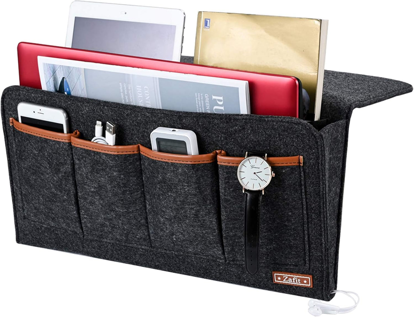 Bedside Caddy, 7 Pockets Large Size Bedside Organizer Caddy for Magazine Remotes Phone (17.3'' x 18.1'', Dark Grey)