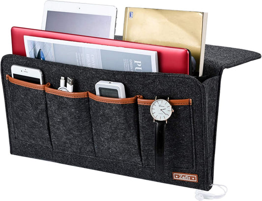 Bedside Caddy, 7 Pockets Large Size Bedside Organizer Caddy for Magazine Remotes Phone (17.3'' x 18.1'', Dark Grey)