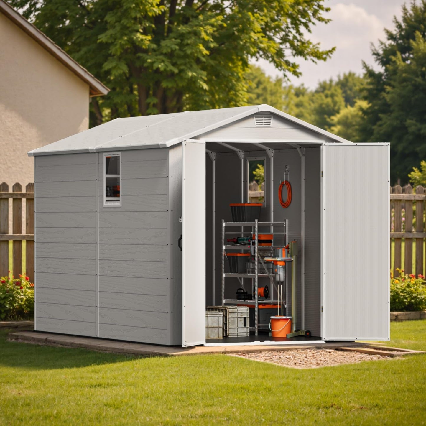Patiowell 6x10FT Outdoor Storage Shed with Floor, Plastic Resin Garden Shed with Lockable Door, Windows, Weather-Resistant for Lawn Mower, Tool & Backyard Storage (Light Grey)