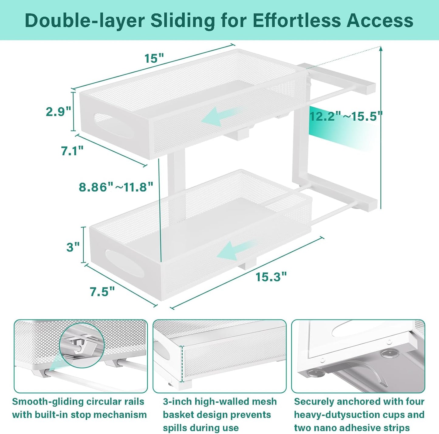 Under Sink Organizer, 2 Pack 2 Tier Metal Slide Out Pull Out Cabinet Organizer Shelf, Height Adjustable Organization and Storage Series, Bathroom/Desktop/Cabinet/Kitchen organization, White
