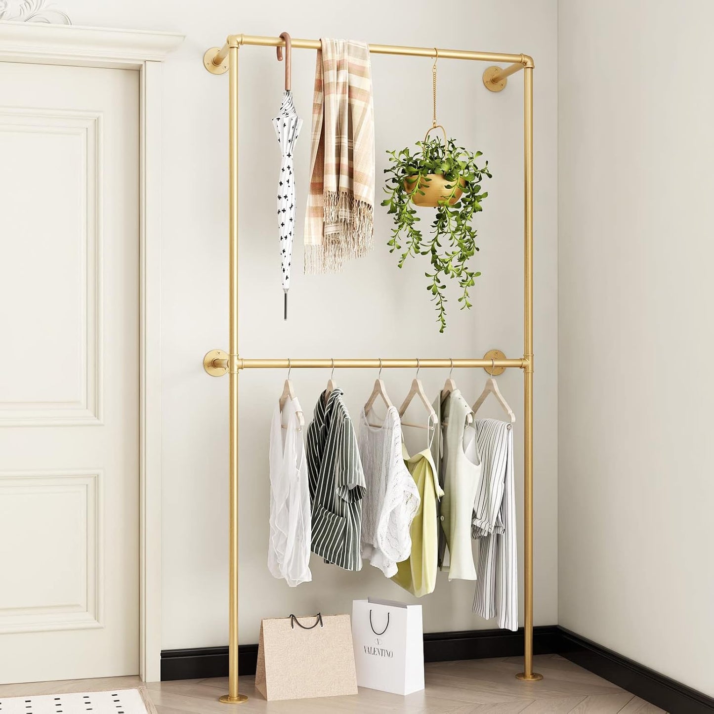 Gold Clothing Racks Wall Mount Clothes Rack, Heavy Duty Industrial Pipe Clothing Rack Retail Display Hanging Rod for Closet Storage, Laundry Room(Gold)